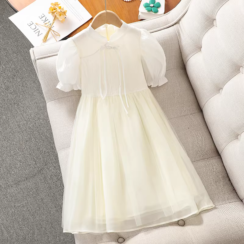 Váy hè cho bé gái, trang phục trẻ em, váy Hanfu tay bồng dễ thương, kiểu mới 2025, váy kiểu cổ điển Trung Hoa mới cho bé gái