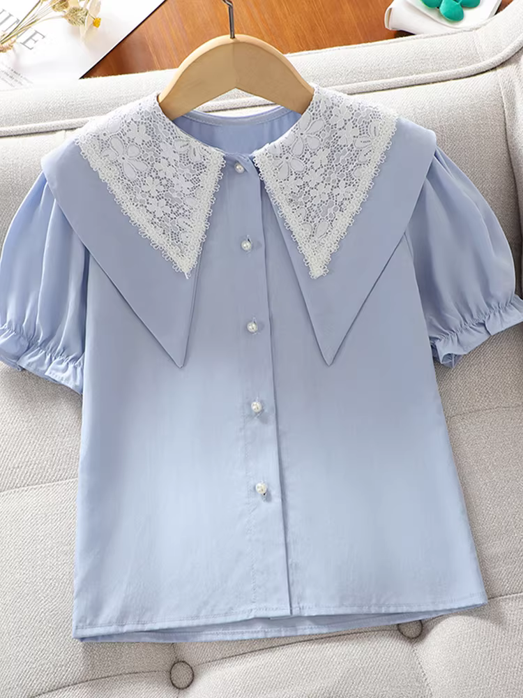 Áo sơ mi ngắn tay mùa hè 2025 kiểu mới cho bé gái, áo voan cổ búp bê, áo kiểu cách tay bồng cho bé lớn