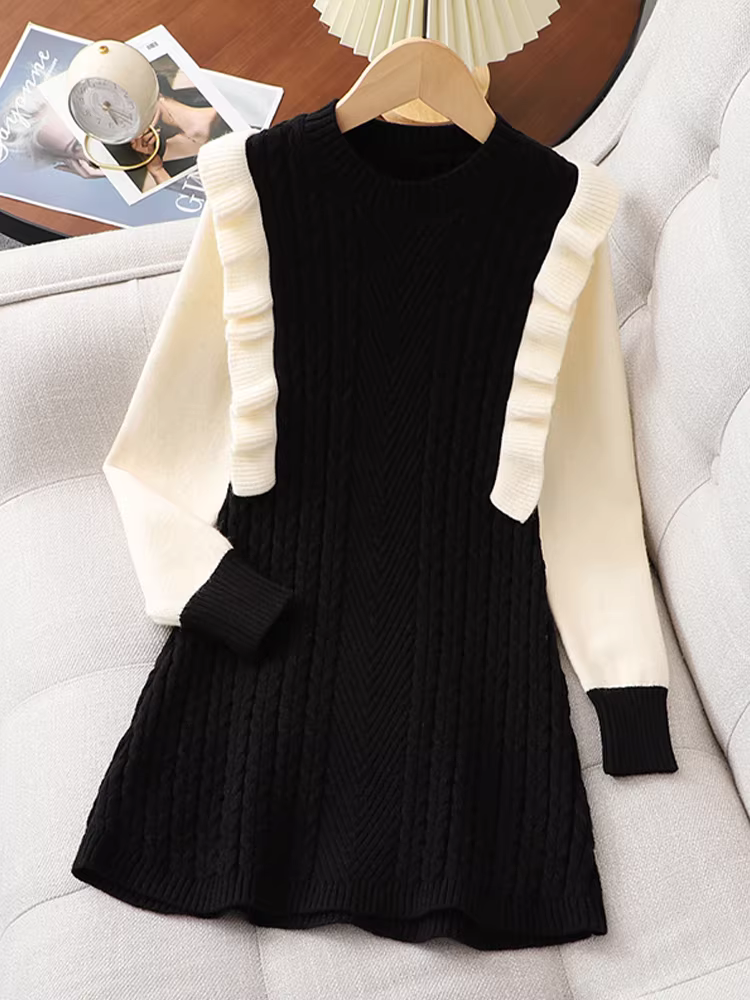 Váy áo len nữ, phong cách thu đông, váy công chúa dệt kim kiểu dáng thời trang năm mới, váy năm mới màu đỏ cho trẻ em, váy năm mới