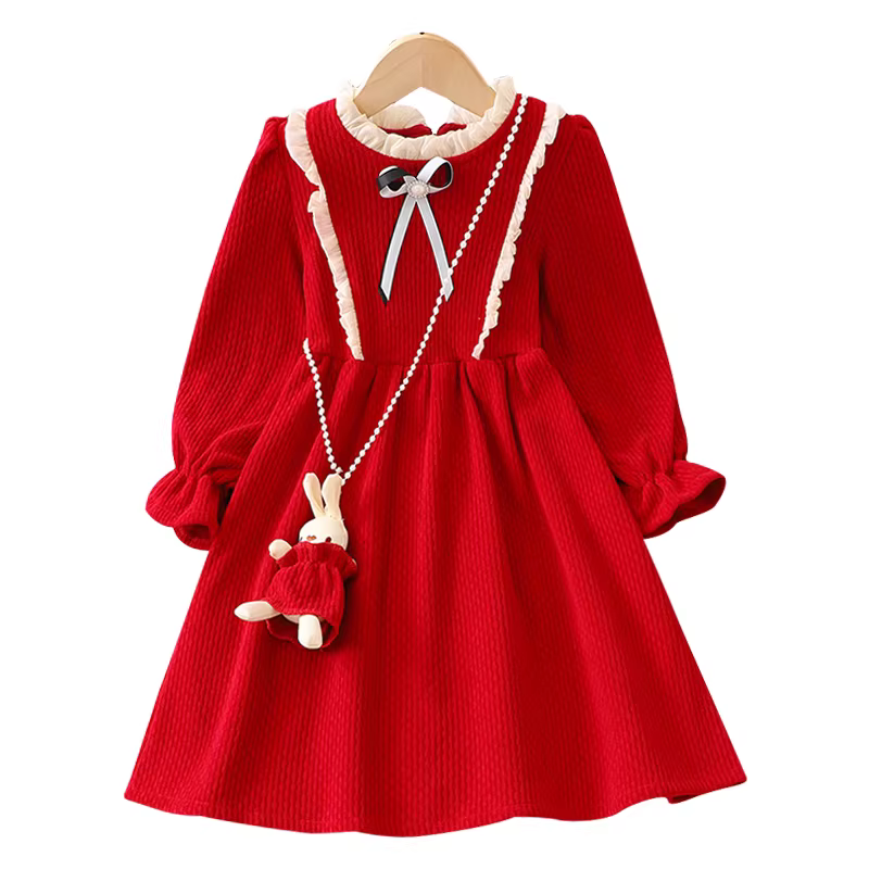Váy bé gái thu đông 2024 kiểu mới, váy công chúa đỏ cho bé lớn có lớp lông cừu, trang phục Tết thiếu nhi