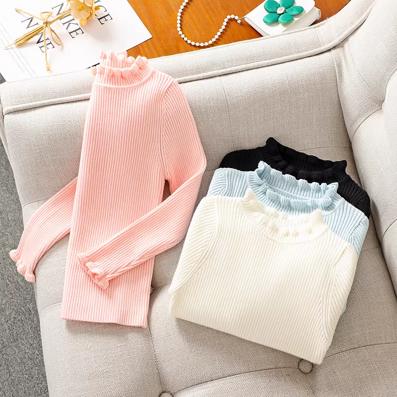 Áo len lớp lót cho bé gái mùa thu đông, quần áo trẻ em sành điệu, áo lót trẻ em, áo dệt kim cổ lọ nửa cổ cho trẻ lớn, áo lớp trong.