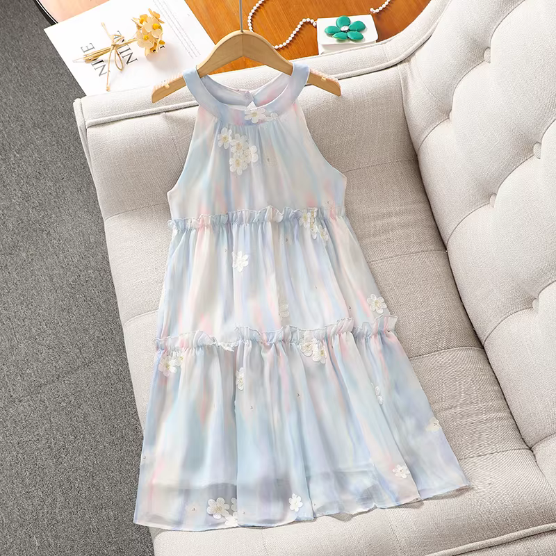 Váy bé gái váy mùa hè 2025 phong cách mới váy công chúa không tay cho bé gái phong cách mùa hè mát mẻ phong cách kỳ nghỉ cho trẻ em váy đi biển