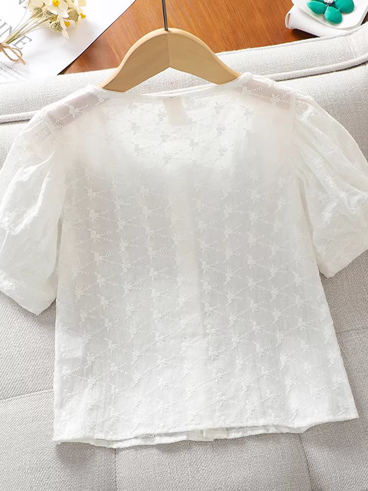 Áo sơ mi ngắn tay bé gái hè 2025 mẫu mới áo mùa hè trẻ em tay bồng chất liệu cotton nguyên chất áo cotton linen trắng cho bé lớn