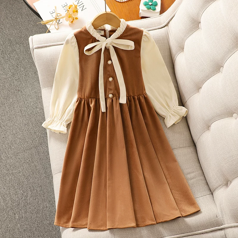 Váy phong cách preppy dành cho bé gái, quần áo cho bé gái lớn, váy công chúa giả hai mảnh mùa xuân và mùa thu, quần áo mùa thu, váy dài phong cách preppy dành cho trẻ em