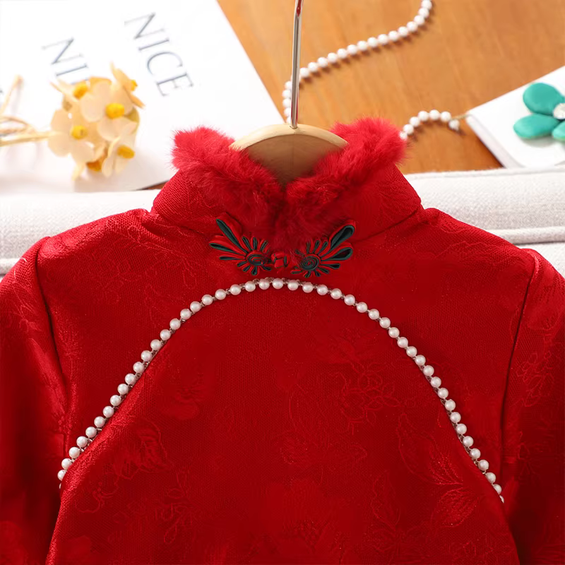 Váy sườn xám đỏ dành cho bé gái Trang phục năm mới Trang phục mùa đông Quần áo năm mới dành cho bé gái lớn hơn Bộ đồ Tang Váy Hanfu