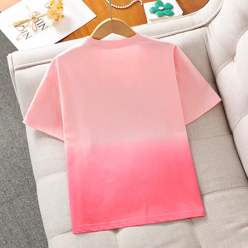 Áo thun bé gái kiểu Hàn Quốc tay ngắn hè 2025 mới in họa tiết phối màu mỏng nhẹ chất cotton nguyên chất