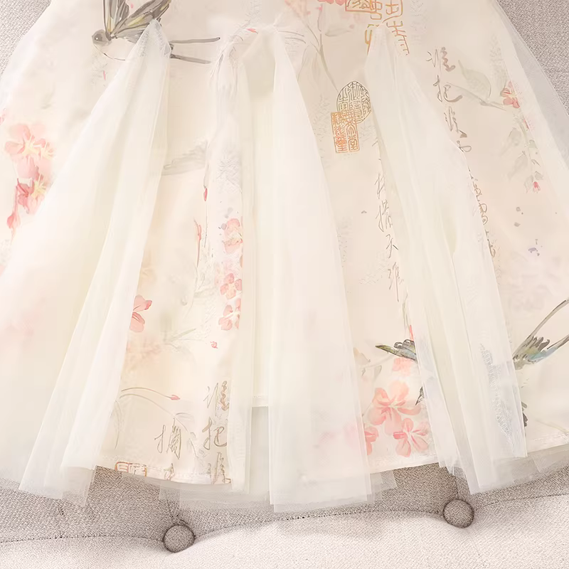 Váy Hanfu kiểu Trung Hoa dành cho bé gái, mẫu mới hè 2025, váy sườn xám lưới kiểu cổ điển dành cho bé gái lớn.