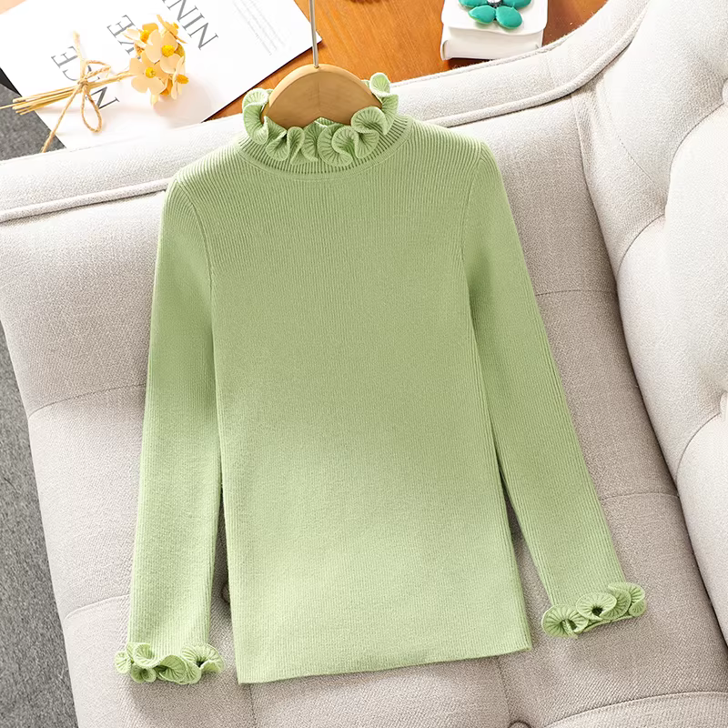 Áo len dệt kim bé gái thu đông 2025 kiểu mới, áo lót giữ ấm bé gái, áo len bó sát xếp ly