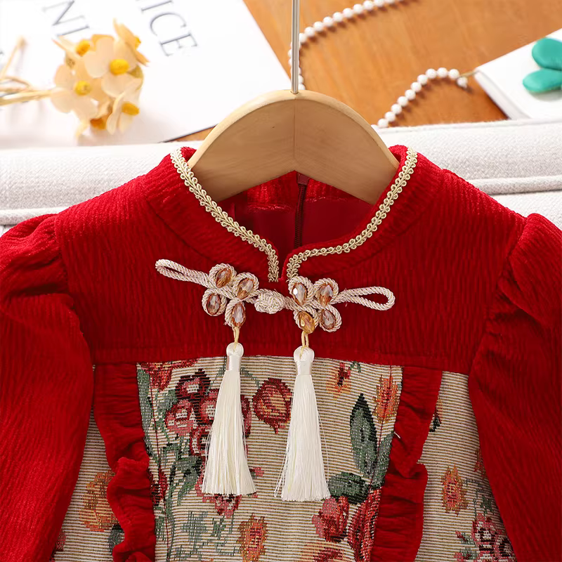 Váy nhung thu đông bé gái, quần áo Tết trẻ em, quần áo mùa đông, quần áo Tết đỏ, váy Tết bé gái, váy