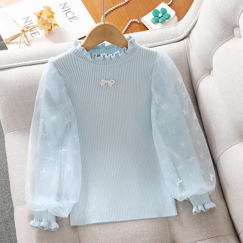 Áo len cổ lọ nửa cao mùa thu đông cho bé gái, áo thun dệt kim lót lông cừu mới năm 2025 dành cho bé gái lớn, quần áo len mùa đông cho trẻ em