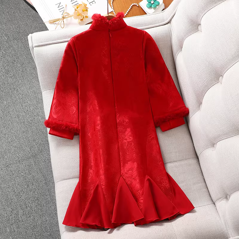 Váy sườn xám đỏ dành cho bé gái Trang phục năm mới Trang phục mùa đông Quần áo năm mới dành cho bé gái lớn hơn Bộ đồ Tang Váy Hanfu