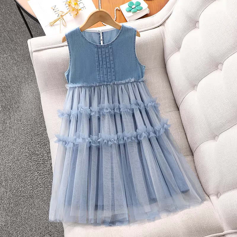 Váy lưới mùa hè cho bé gái kiểu mới 2025, váy yếm không tay, váy công chúa bồng bềnh cho bé gái