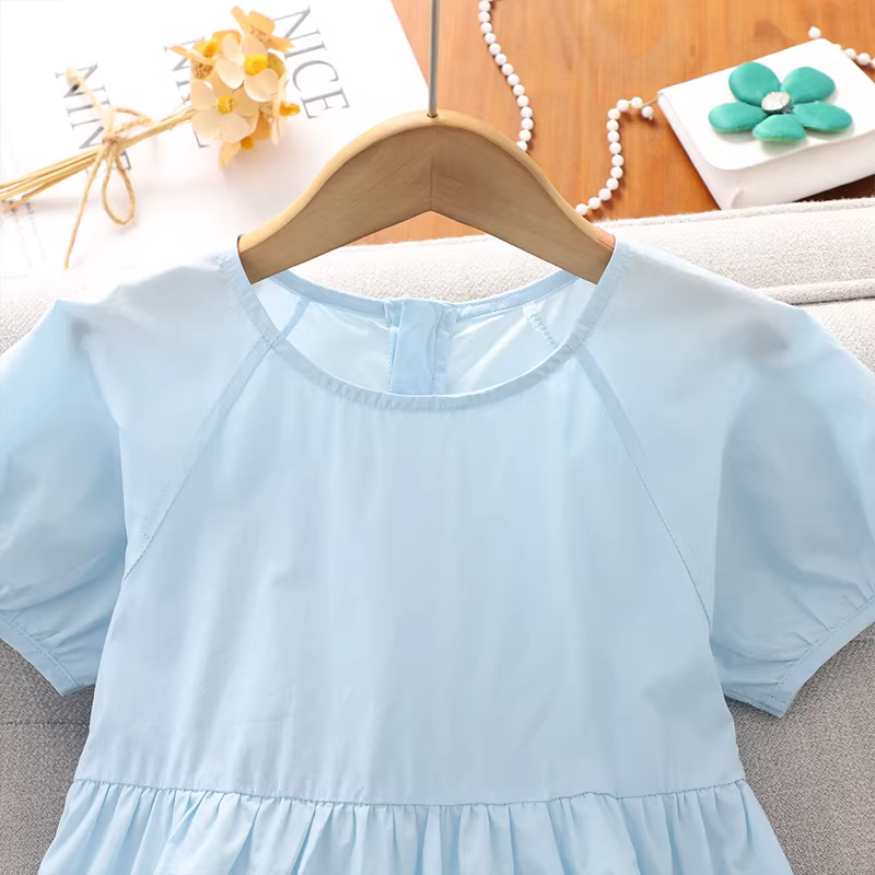 Váy ngắn tay phối màu mùa hè cho bé gái, váy mùa hè 2025, váy cotton trẻ em mới, váy công chúa thời trang cho bé gái