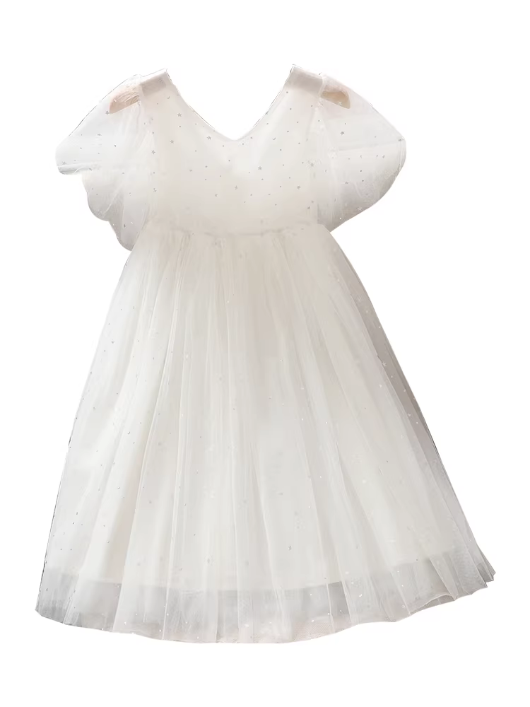 Váy bé gái mùa hè 2025 kiểu mới, váy công chúa cổ V, váy tutu trắng, váy mùa hè trẻ em