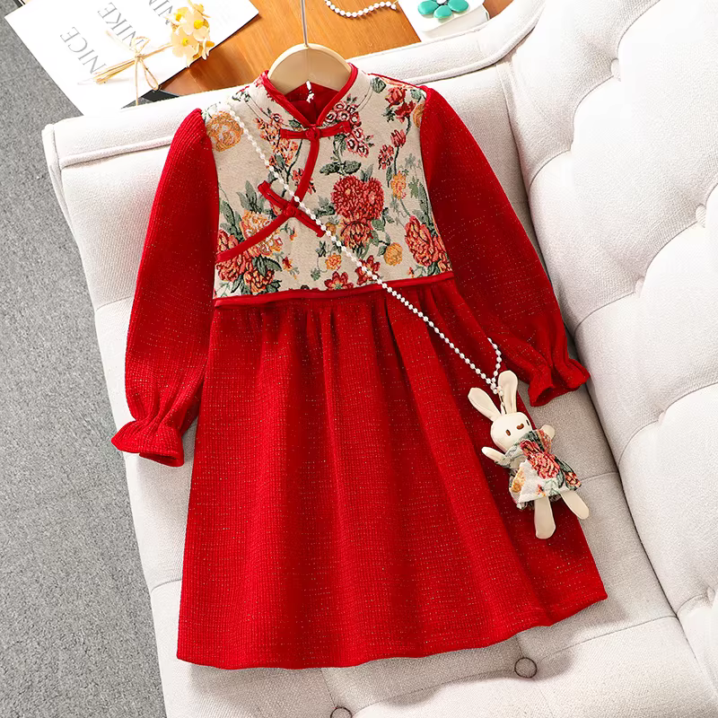 Váy năm mới của bé gái Phong cách Trung Hoa trang phục năm mới màu đỏ Váy mùa thu đông của trẻ em Váy công chúa cho trẻ lớn hơn