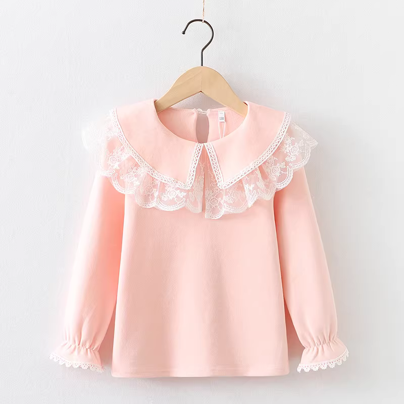 Áo thun dài tay cho bé gái mùa thu đông 2025 kiểu mới áo sơ mi cổ búp bê trẻ em có lót lông cừu cotton nguyên chất áo mùa xuân cho trẻ lớn