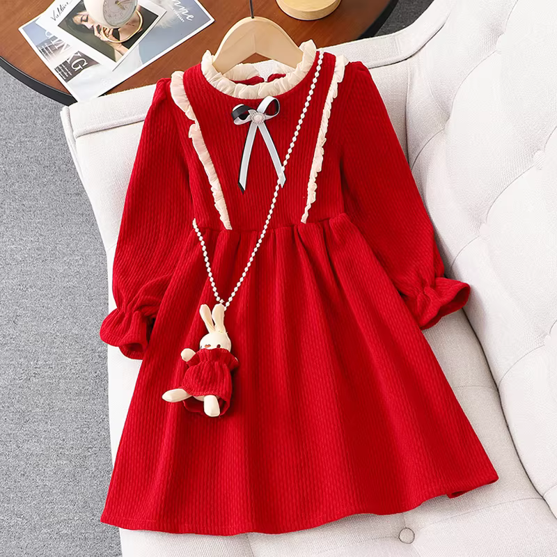 Váy bé gái thu đông 2024 kiểu mới, váy công chúa đỏ cho bé lớn có lớp lông cừu, trang phục Tết thiếu nhi