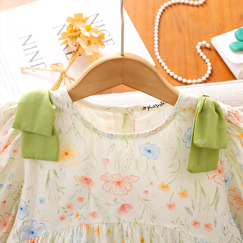 Váy hoa bé gái hè 2025 kiểu mới, váy bồng tay bồng nơ, váy hè công chúa cho bé