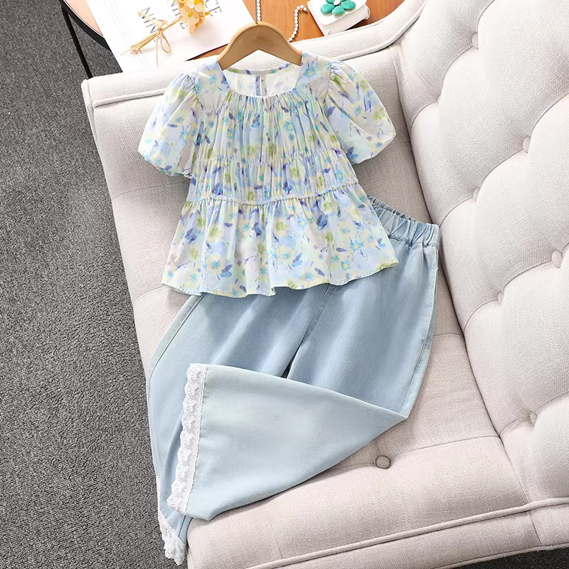 Áo sơ mi babydoll hoa nhí cho bé gái mùa hè 2025 kiểu mới áo thun ngắn tay trẻ em mặc thường ngày chất liệu chiffon