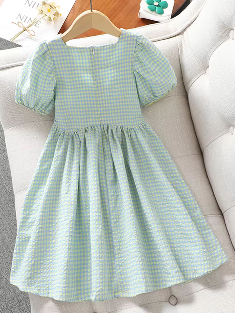 Váy kẻ sọc cho bé gái mùa hè phong cách mới vừa và lớn Váy cổ vuông tay phồng cho trẻ em bằng vải cotton nguyên chất Váy công chúa mùa hè cho trẻ em