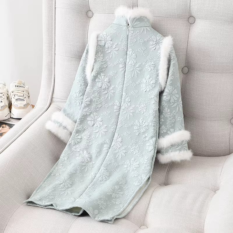 Váy sườn xám dành cho bé gái, quần áo mùa đông cho trẻ em, Hanfu, váy mùa đông phong cách cổ xưa siêu cổ tích mùa thu đông, váy lót lông cừu phong cách Trung Hoa