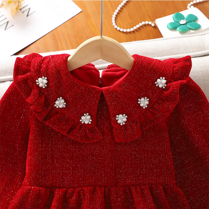 Váy bé gái mùa đông 2025 kiểu mới, váy công chúa lông cừu trẻ em màu đỏ, váy Tết, trang phục lễ hội