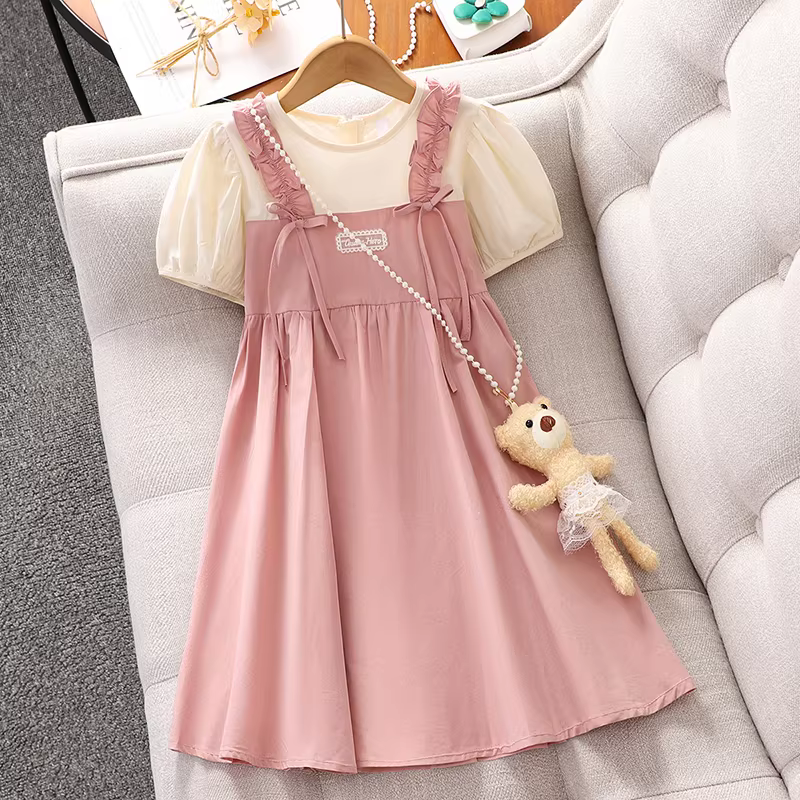 Váy bé gái 2025 kiểu hè mới dành cho bé gái lớn, váy ngắn tay giả hai mảnh, váy công chúa dây đeo mùa hè cho trẻ em