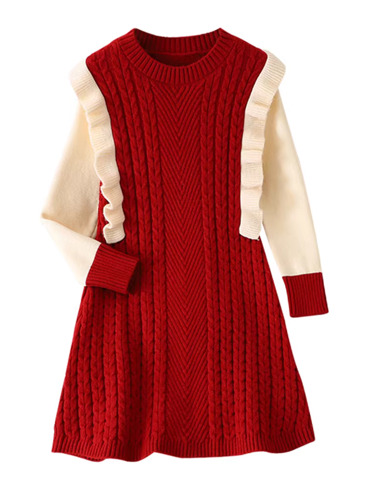 Váy áo len nữ, phong cách thu đông, váy công chúa dệt kim kiểu dáng thời trang năm mới, váy năm mới màu đỏ cho trẻ em, váy năm mới