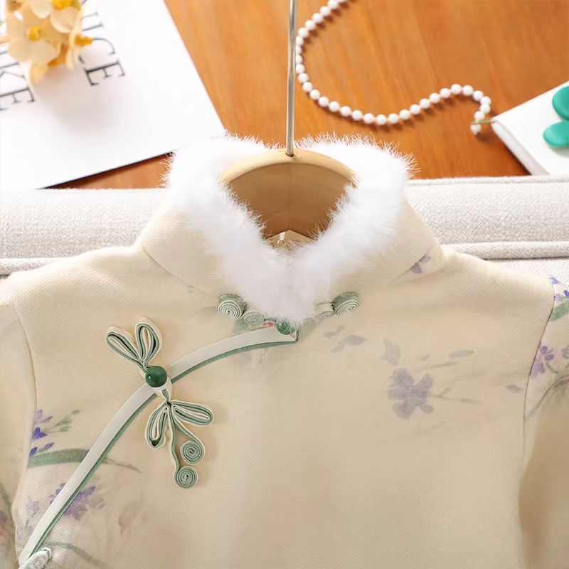 Váy sườn xám mùa đông dày dặn kiểu Trung Hoa cho bé gái Váy Hanfu năm mới cho bé gái Váy mùa thu đông mới cho trẻ em năm 2025