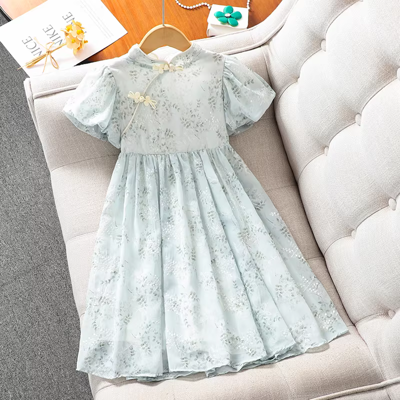 Váy bé gái phong cách Trung Hoa mới, trang phục Hán phục mùa hè 2025, kiểu mới, váy sườn xám phong cách dân tộc, tay bồng, kiểu công chúa