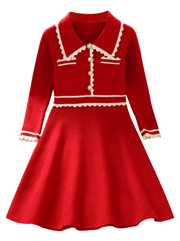 Váy bé gái mùa thu đông 2025, trang phục Tết, váy áo len kiểu Chanel cho bé gái, trang phục chào mừng năm mới, váy đỏ cho bé gái.