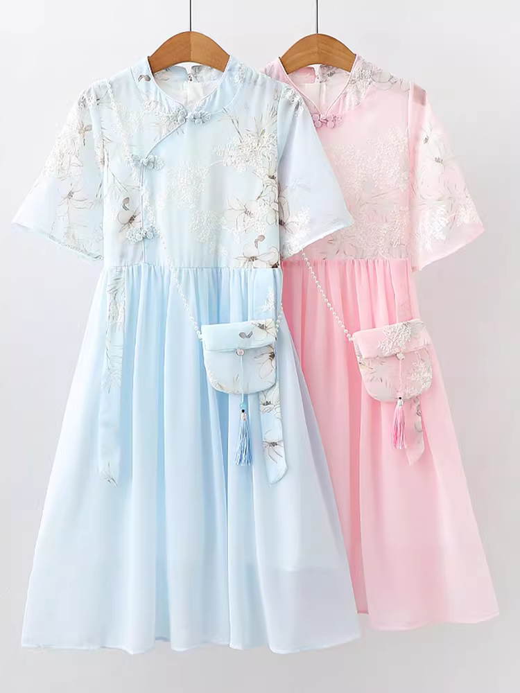 Váy mùa hè kiểu Hanfu cho bé gái, sườn xám voan như tiên, váy công chúa cổ điển cho trẻ em, váy mùa hè cho trẻ em.