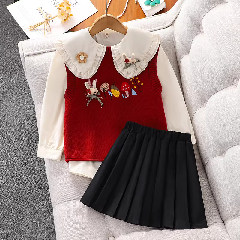 Bộ váy liền thân xuân thu cho bé gái 2025, quần áo trẻ em mới, áo gile, váy xếp ly ba món