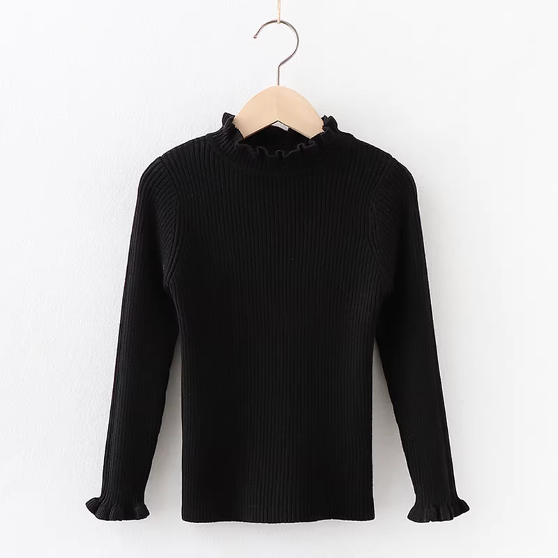 Áo len cổ lọ nửa cao cho bé gái, kiểu mới mùa đông 2025, lót lông cừu, viền bèo nhún, áo len mặc trong cho trẻ em.