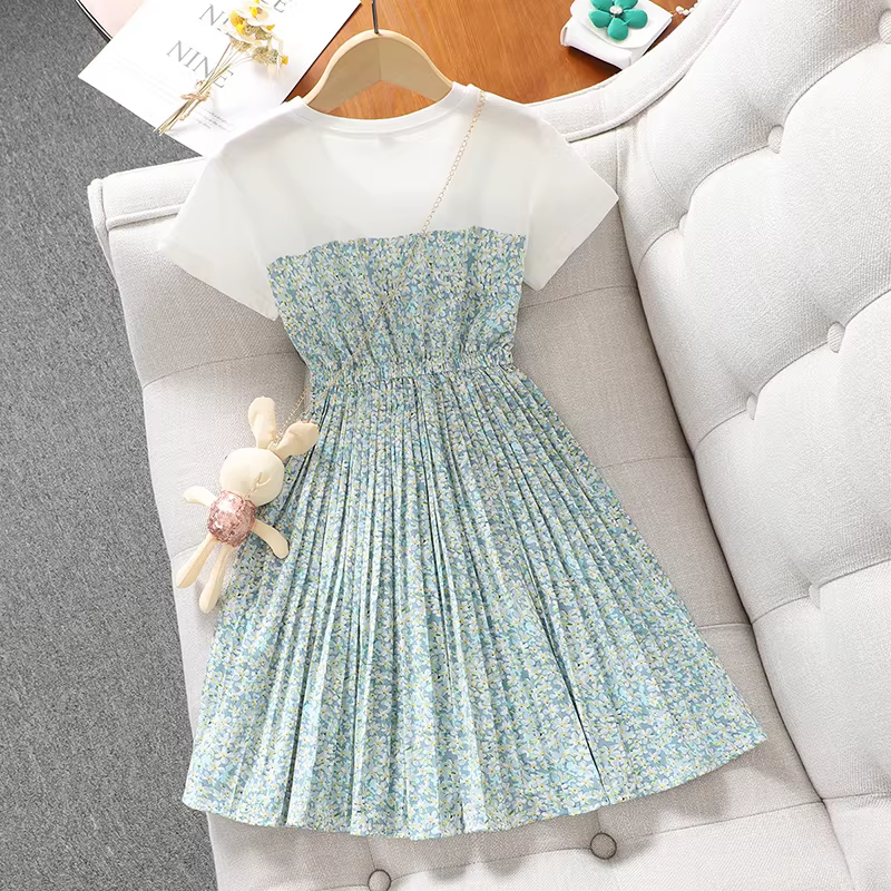 Váy hoa cho bé gái, quần áo trẻ em kiểu dáng mỏng mùa hè, váy công chúa, váy hai dây giả hai mảnh kiểu dáng thời trang, cotton nguyên chất