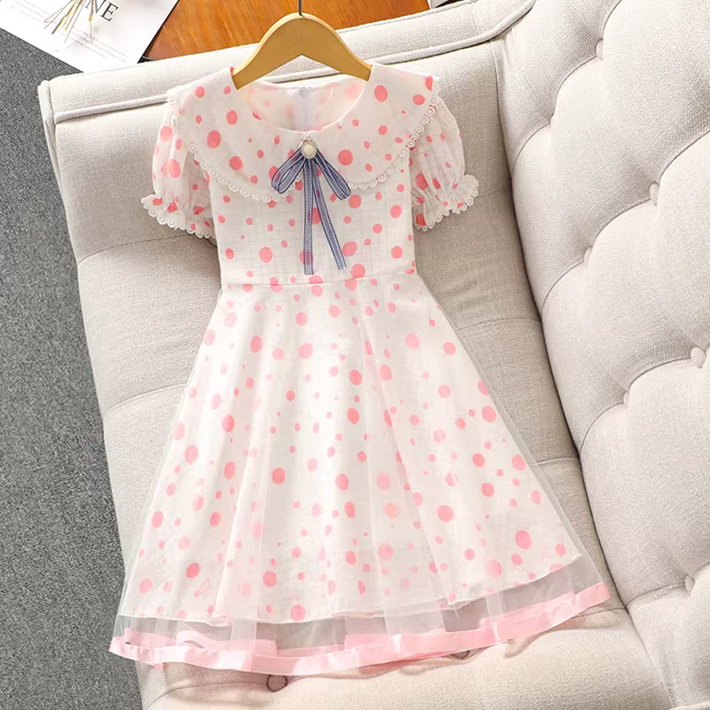 Váy hè cho bé gái, váy chấm bi dễ thương cho trẻ em, phong cách preppy kiểu mới 2025, váy công chúa bé gái thời trang