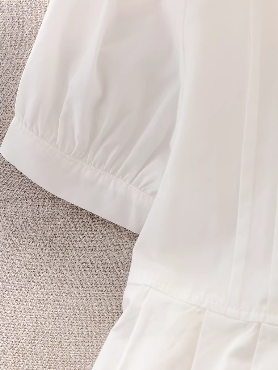 Váy polo cổ bẻ mùa hè kiểu mới 2025 dành cho bé gái lớn, màu trắng, eo thon, dáng ôm, tay ngắn