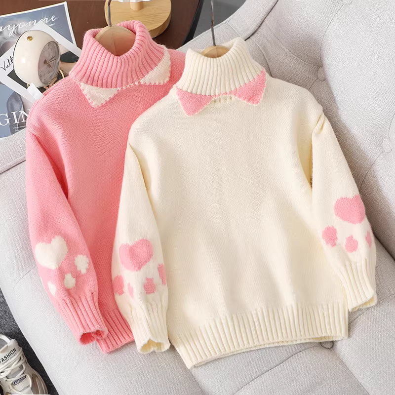 Áo len bé gái thu đông 2025 kiểu dáng mới thời trang, chất liệu dệt kim cao cấp cho trẻ lớn, có lớp lông cừu và cổ lọ