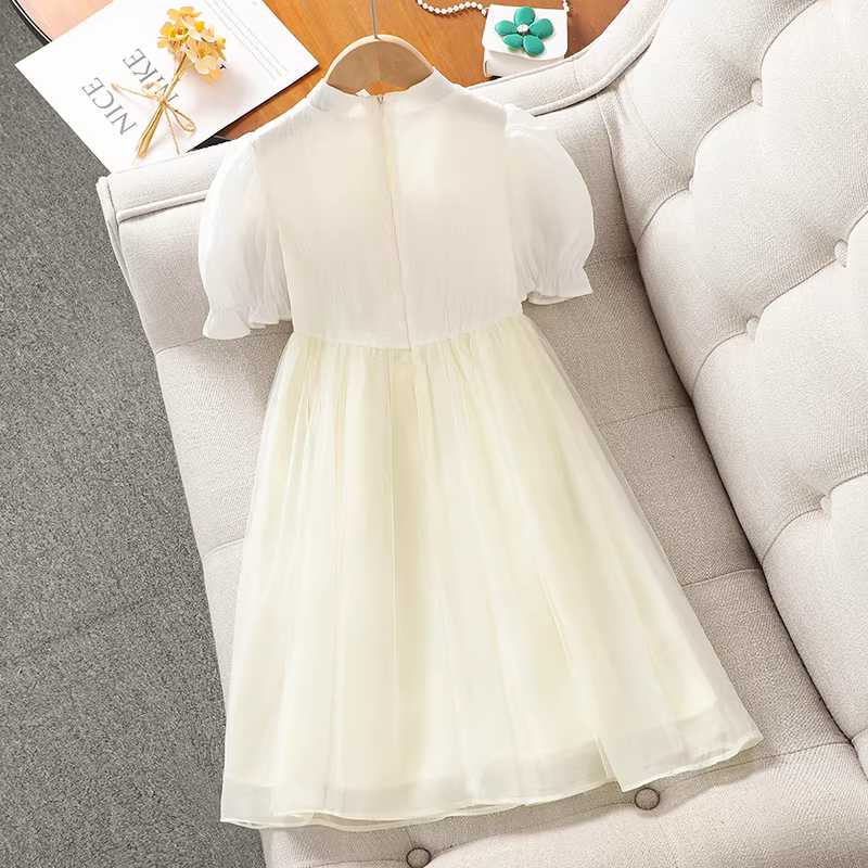 Váy kiểu Trung Hoa mới cho bé gái mùa hè 2025, váy hè kiểu cổ điển Hanfu cho trẻ em với tay bồng và váy công chúa lưới.