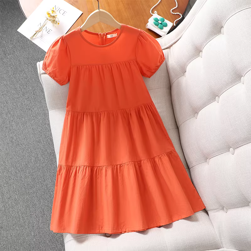Váy ngắn tay cho bé gái, quần áo trẻ em mùa hè 2025, màu trơn, kiểu dáng thanh lịch, tay bồng, váy công chúa, váy dài cho trẻ lớn, chất liệu cotton nguyên chất