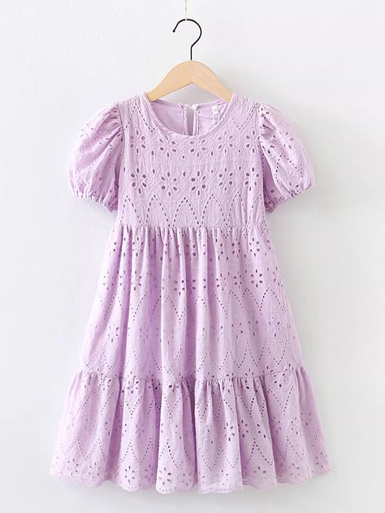 Váy ren bé gái hè 2025 kiểu mới, váy công chúa thời trang trẻ em màu tím, kiểu khoét lỗ, váy hè cho bé lớn