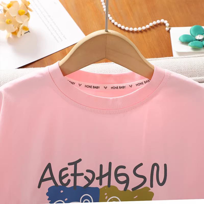 Áo thun bé gái kiểu Hàn Quốc tay ngắn hè 2025 mới in họa tiết phối màu mỏng nhẹ chất cotton nguyên chất