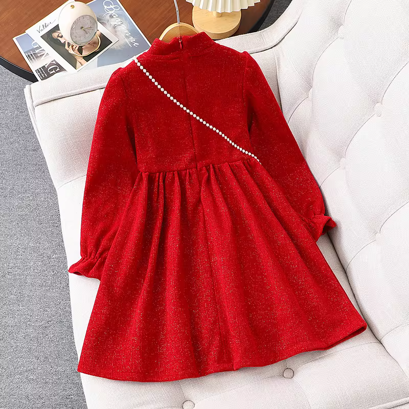 Váy nhung bé gái có lớp lót lông cừu, váy công chúa màu đỏ thời trang thu đông cho trẻ em, trang phục Tết năm 2025.
