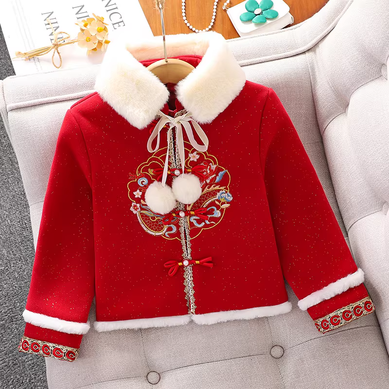 Bộ trang phục Tết Hanfu Mamian cho bé gái năm 2025, thu/đông, chất liệu lông cừu, kiểu Tang phục đỏ, dành cho bé gái lớn