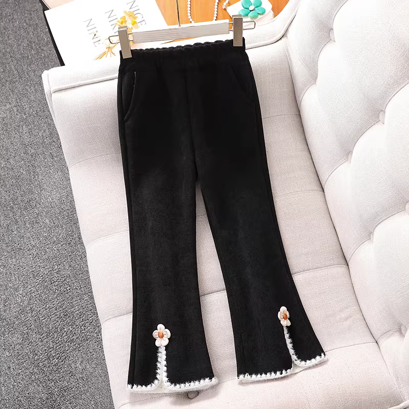 Quần chuông bé gái 2025, quần áo trẻ em mới, lót lông giữ ấm, dài, xẻ tà, trang phục mùa đông, quần bé gái mùa thu đông, quần thường ngày