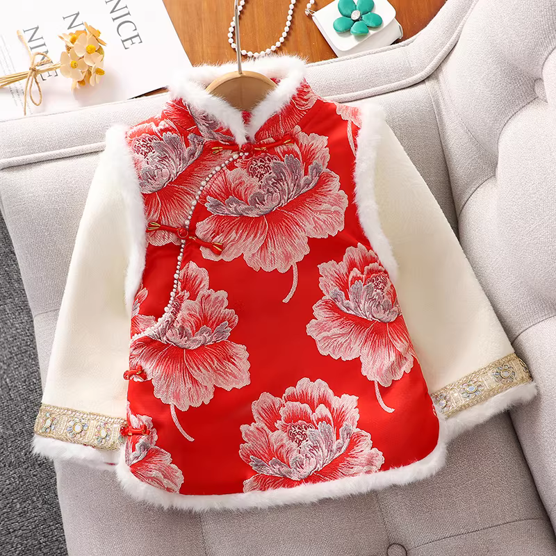 Váy mặt ngựa cho bé gái Trang phục năm mới, quần áo năm mới màu đỏ cho bé gái, váy Hanfu mùa đông 2025 váy chào mừng năm mới cho trẻ em