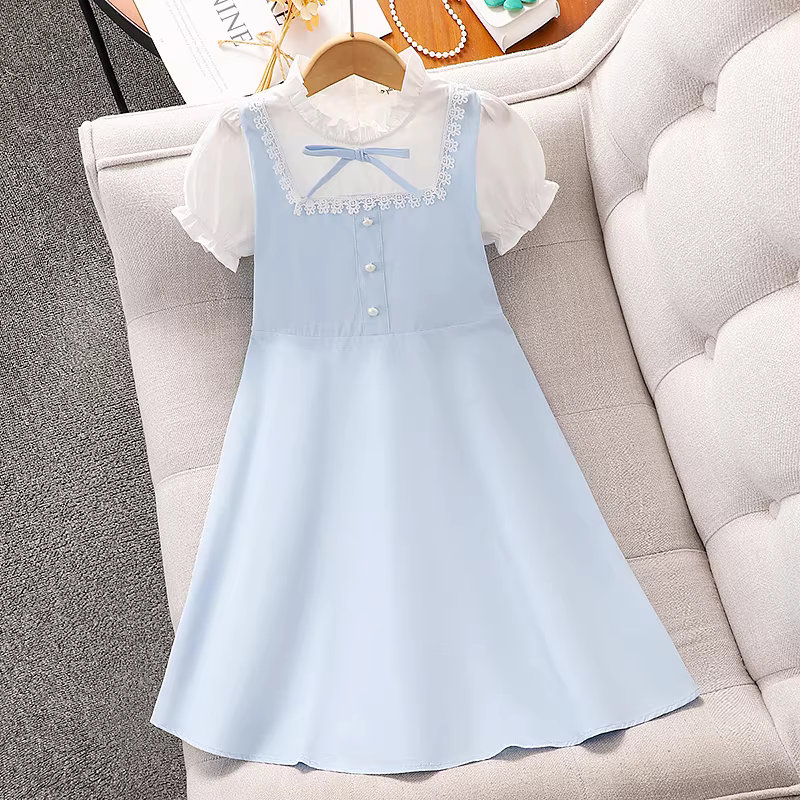 Váy hai mảnh giả kiểu hè 2025 dành cho bé gái, kiểu dáng mới, phong cách học sinh, váy công chúa mỏng cho trẻ em
