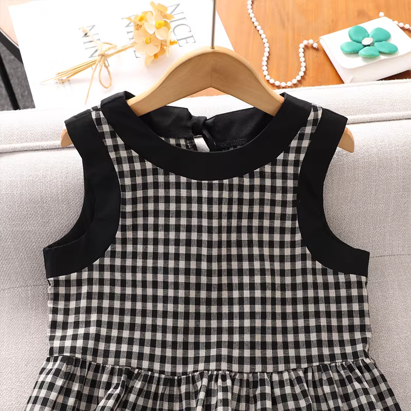 Váy bé gái hè 2025 kiểu mới, váy kẻ caro retro Pháp, váy bé gái hè dáng ôm không tay