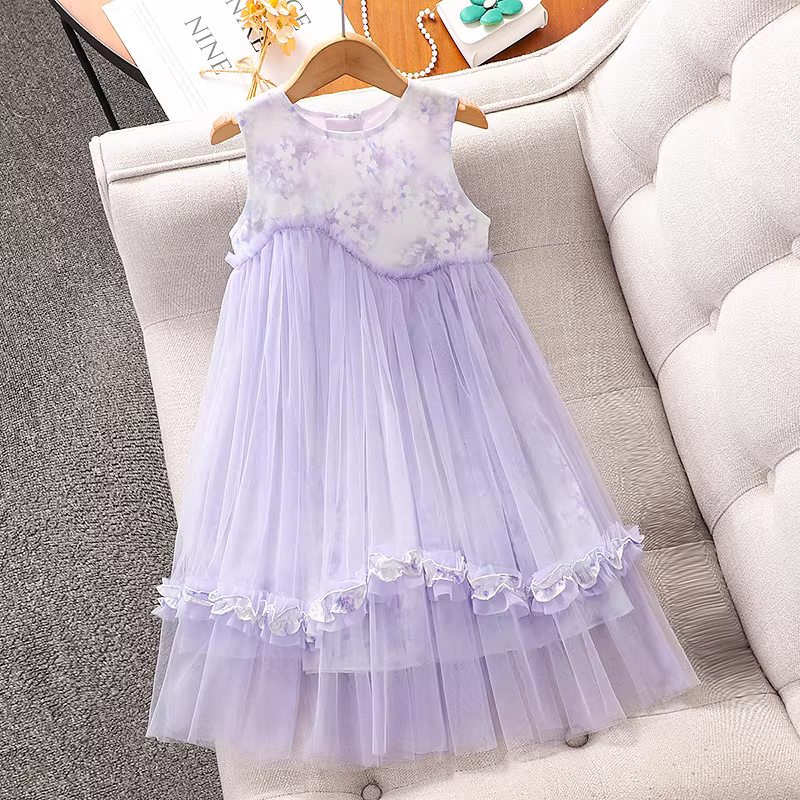 Váy bé gái 2025, quần áo mùa hè mới, váy lưới không tay cho trẻ em, váy công chúa mỏng cho bé gái lớn