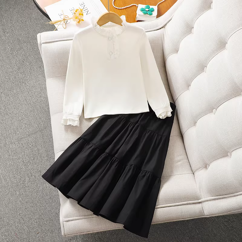 Bộ đồ hai mảnh áo thun dài tay và chân váy mùa xuân thu cho bé gái kiểu mới 2025